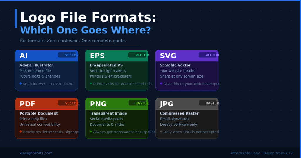 Logo file formats explained — AI EPS SVG PDF PNG JPG guide UK
